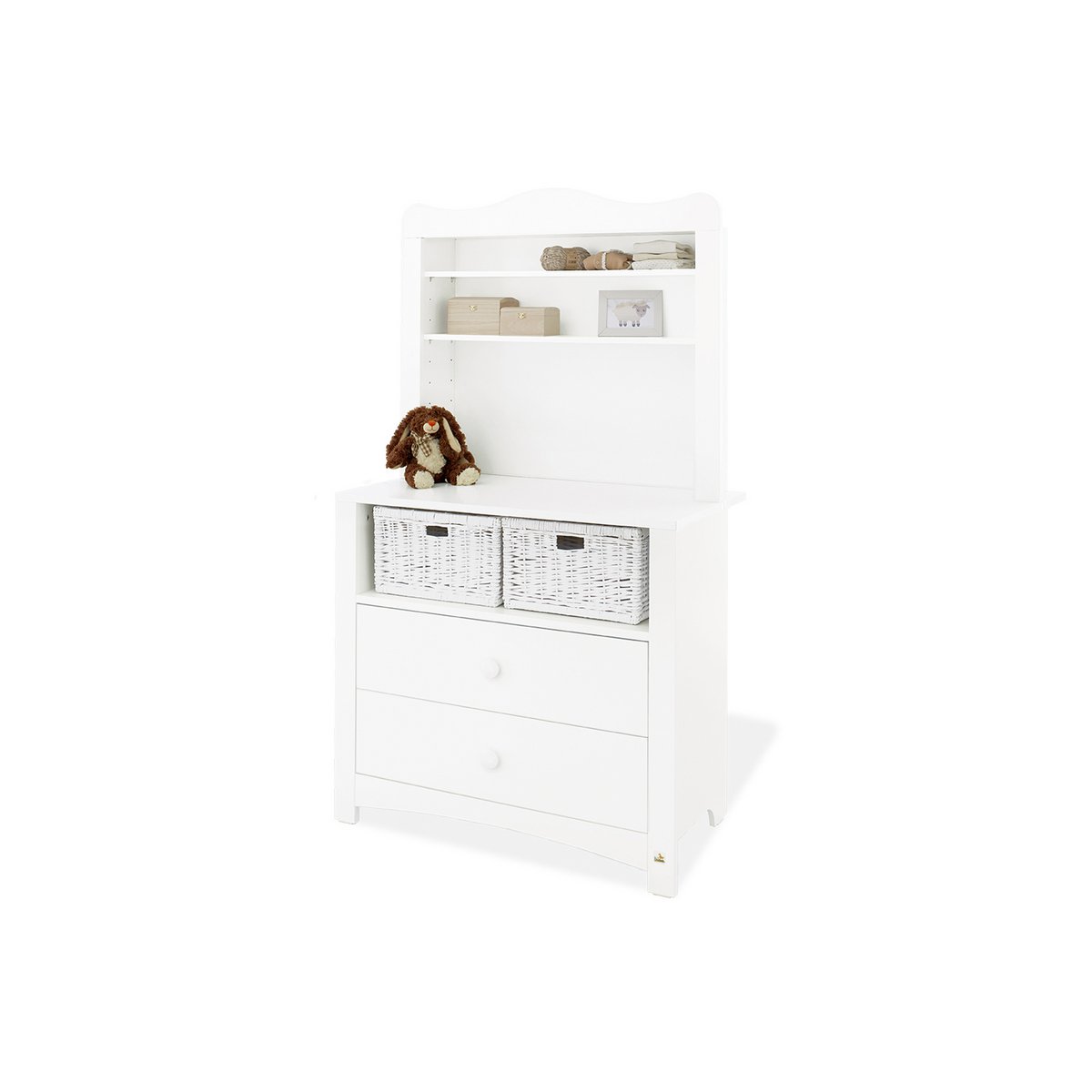 Babykamer Florentina wit: ledikant en brede commode met plankeenheid