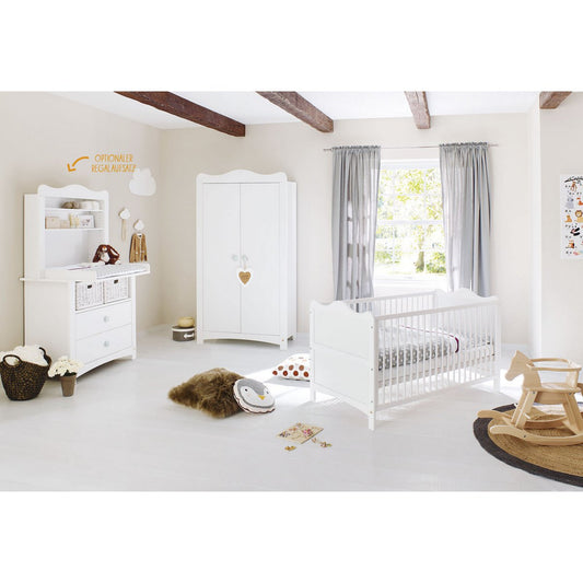 Babykamer Florentina wit: ledikant, brede commode met open kast en kledingkast - FamilyStuff