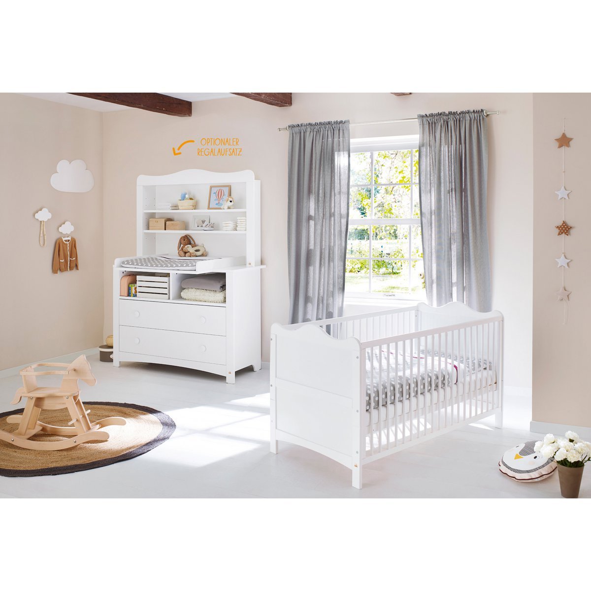 Babykamer Florentina wit: ledikant en extra brede commode met plank - FamilyStuff
