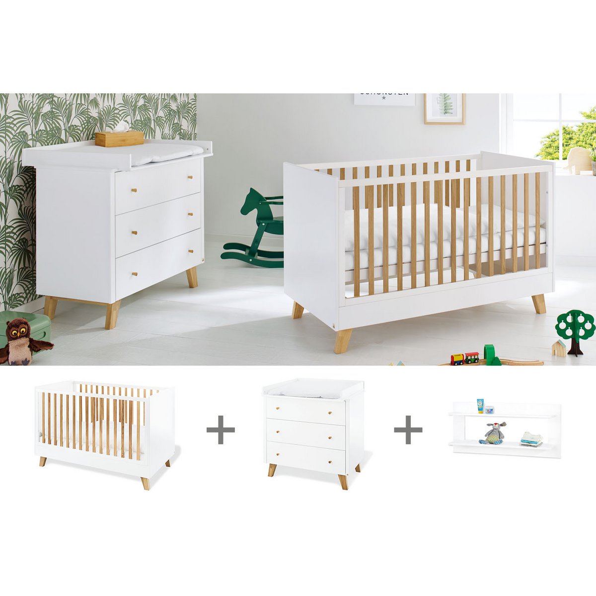 Babykamer Pan wit: ledikant, brede commode en wandplank - FamilyStuff