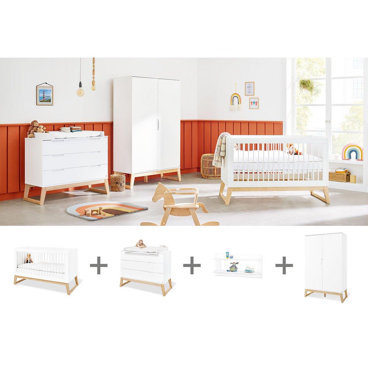 Babykamerset Bridge: ledikant, commode, 2 - deurs kledingkast en wandplank - FamilyStuff