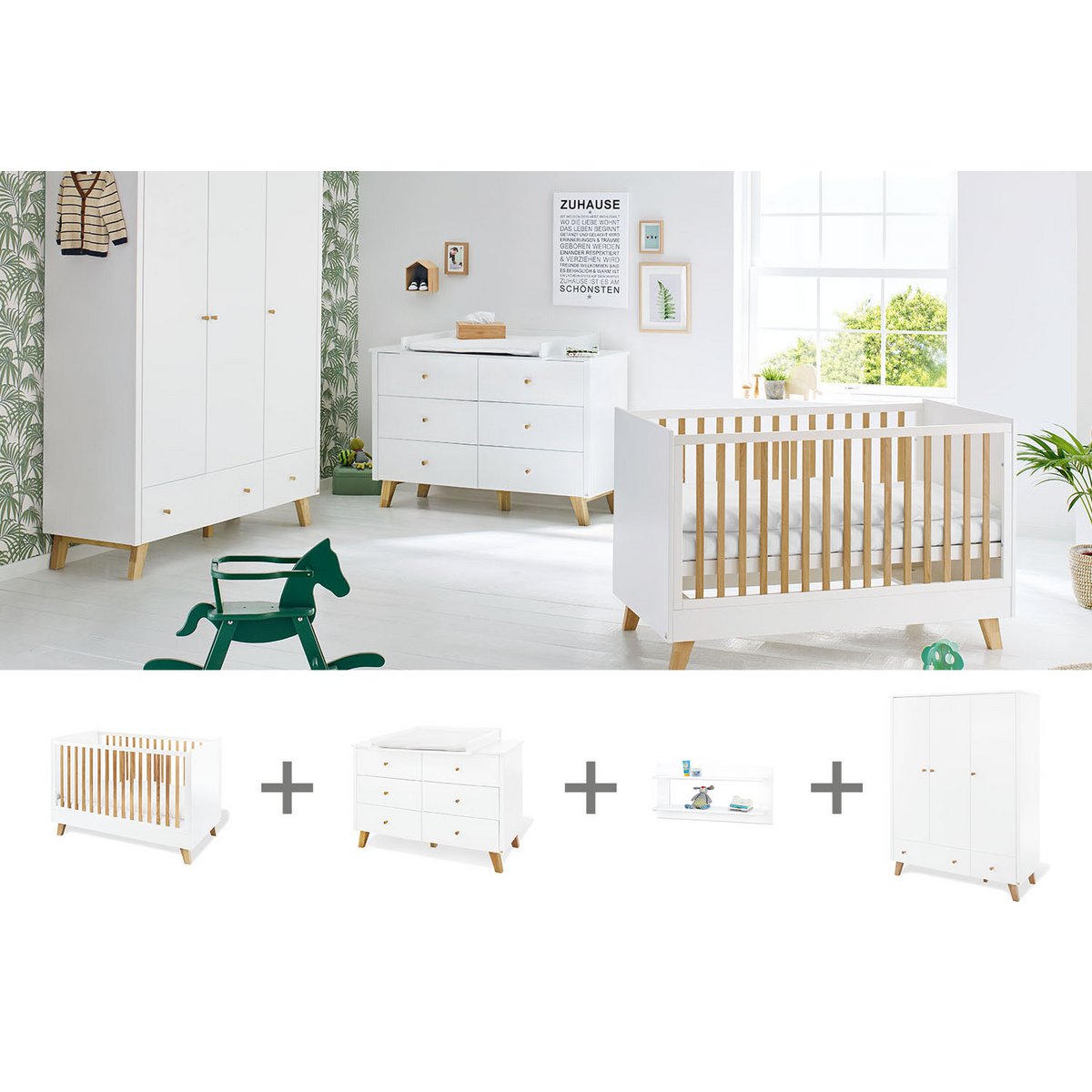 Complete babykamer set Pan extra breed groot - Wit met ledikant, commode, kledingkast & wandplank - FamilyStuff