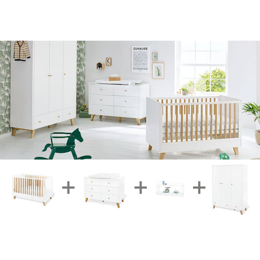 Complete babykamer set Pan extra breed groot - Wit met ledikant, commode, kledingkast & wandplank - FamilyStuff