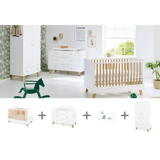 Complete babykamer set Pan extra breed - Wit met ledikant, commode, kledingkast & wandplank - FamilyStuff
