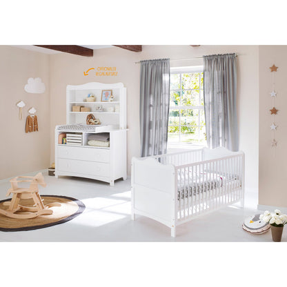 Babykamer Florentina wit: ledikant en extra brede commode met plank