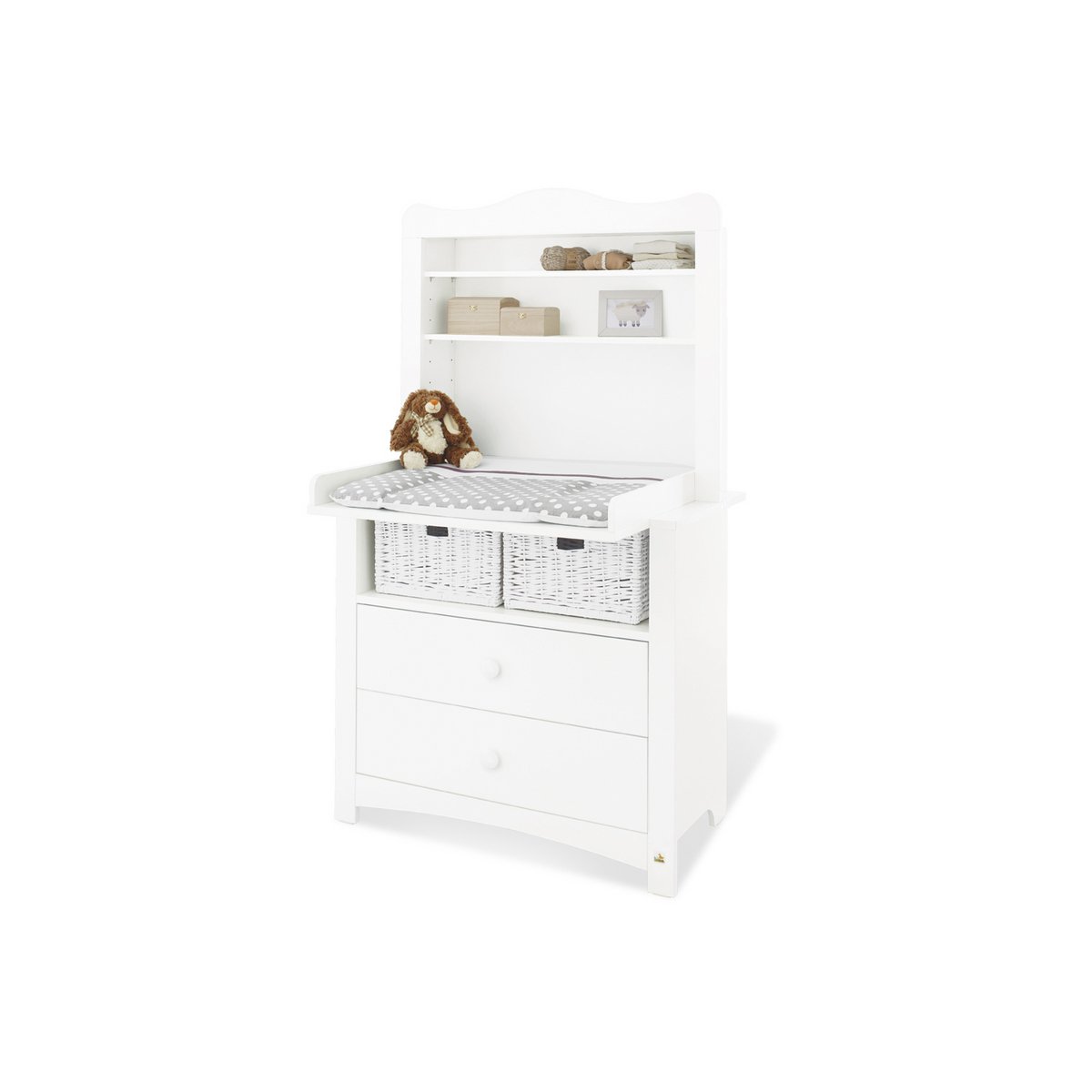 Babykamer Florentina wit: ledikant en brede commode met plankeenheid