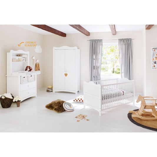 Babykamer Florentina wit: ledikant, brede commode met open kast en kledingkast - FamilyStuff
